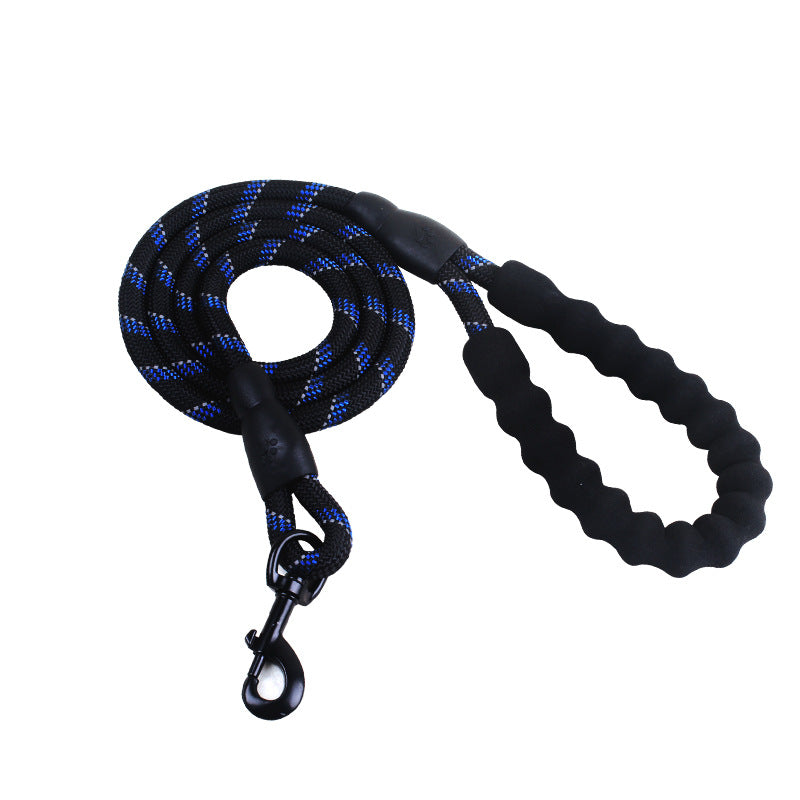 Black and blue braided dog leash on a white background