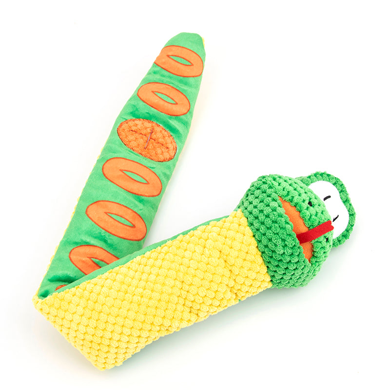 Dog toy shaped like a corn on the cob with a snake design on a white background