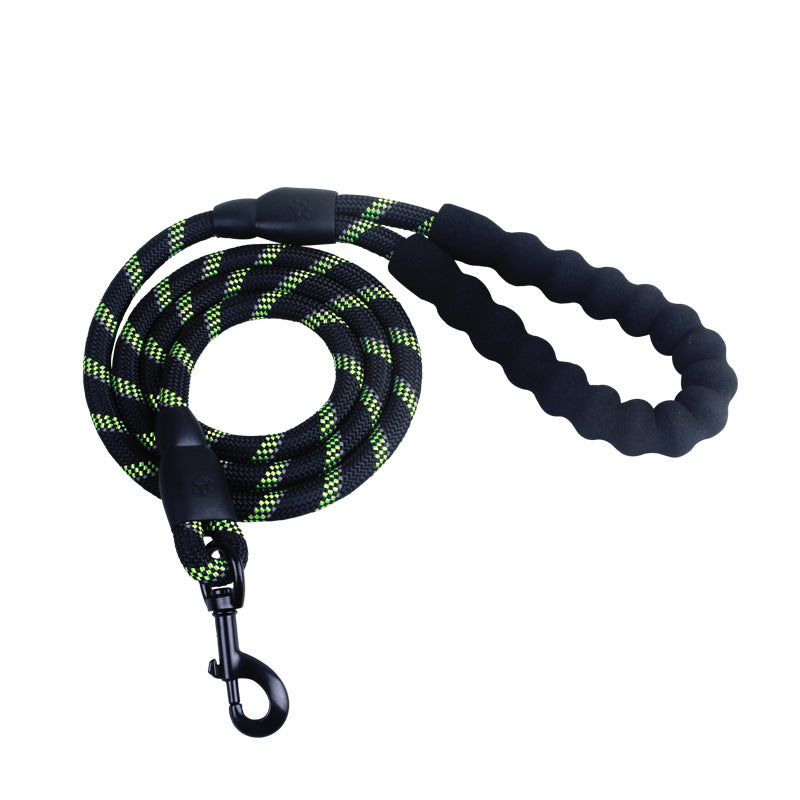 Black and green braided dog leash on a white background