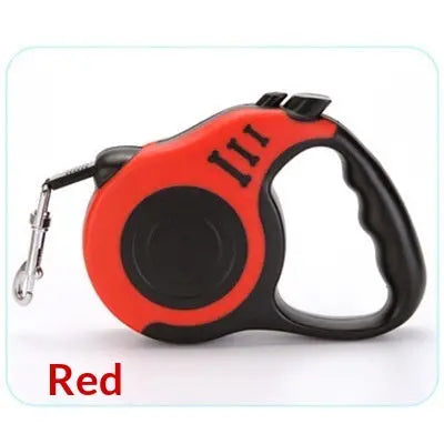 Red and black retractable dog leash on a white background