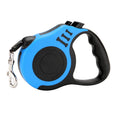Blue and black retractable dog leash on a white background