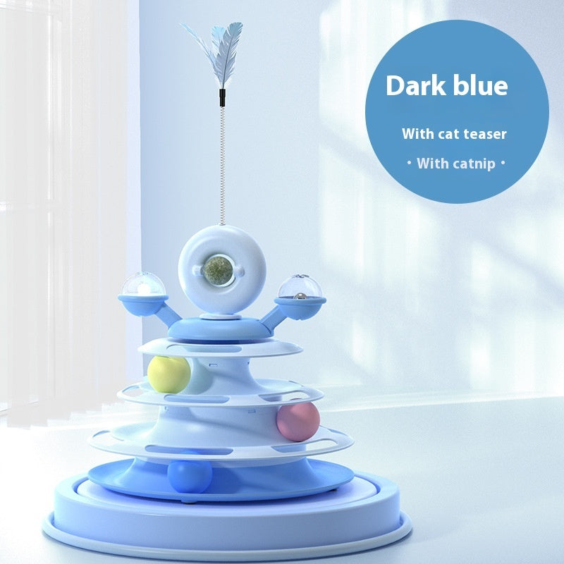 Cat toy with dark blue top and colorful tiers on a light background