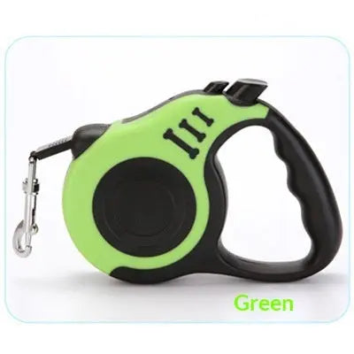 Green and black retractable dog leash on a white background