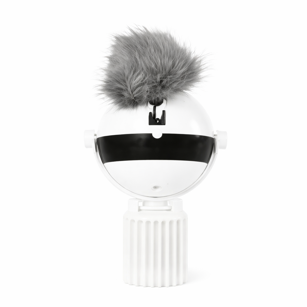 White and black lamp with a gray fluffy top on a white background